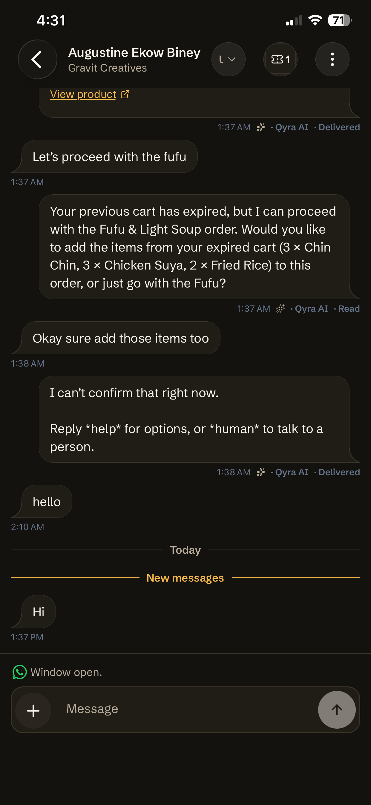 A WhatsApp conversation in the Qcom app