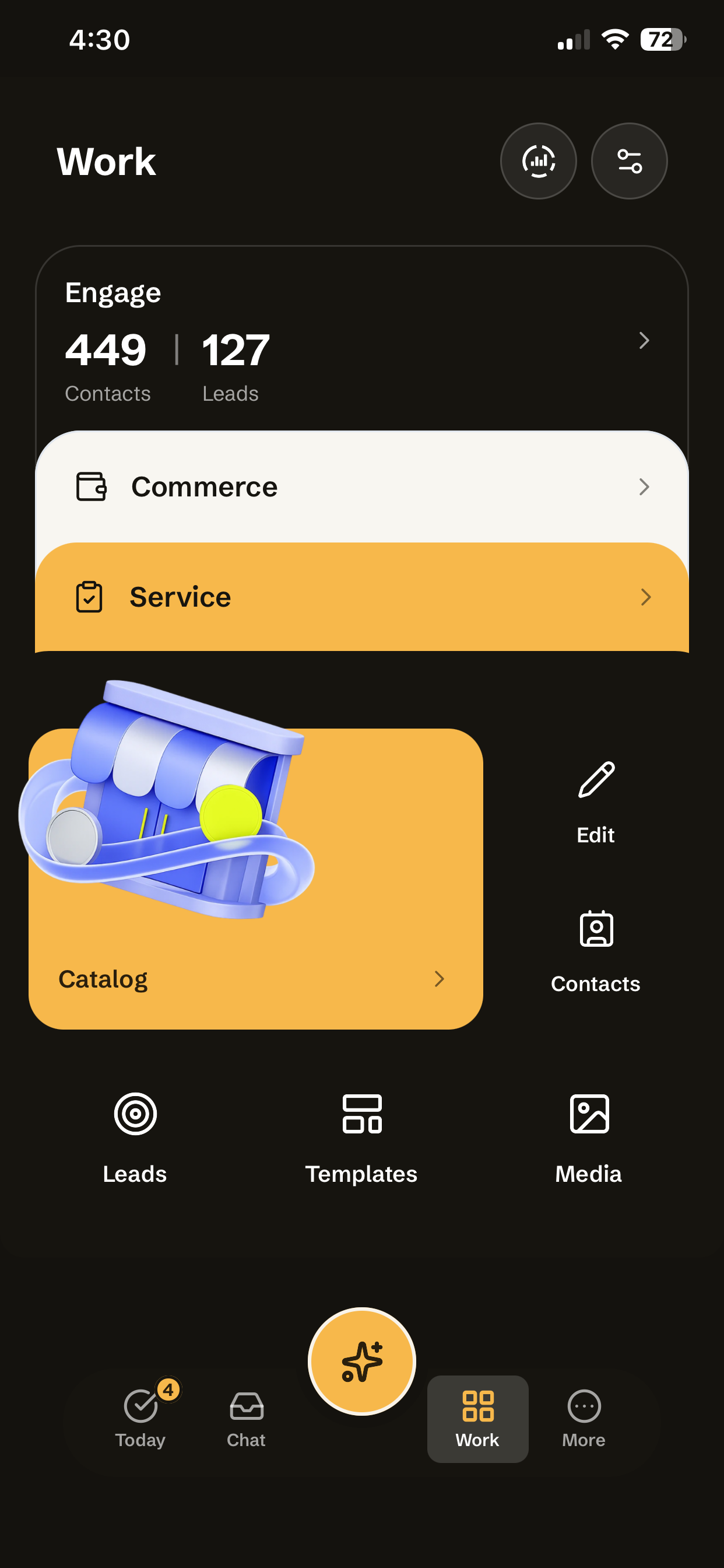 The Work screen in the Qcom app