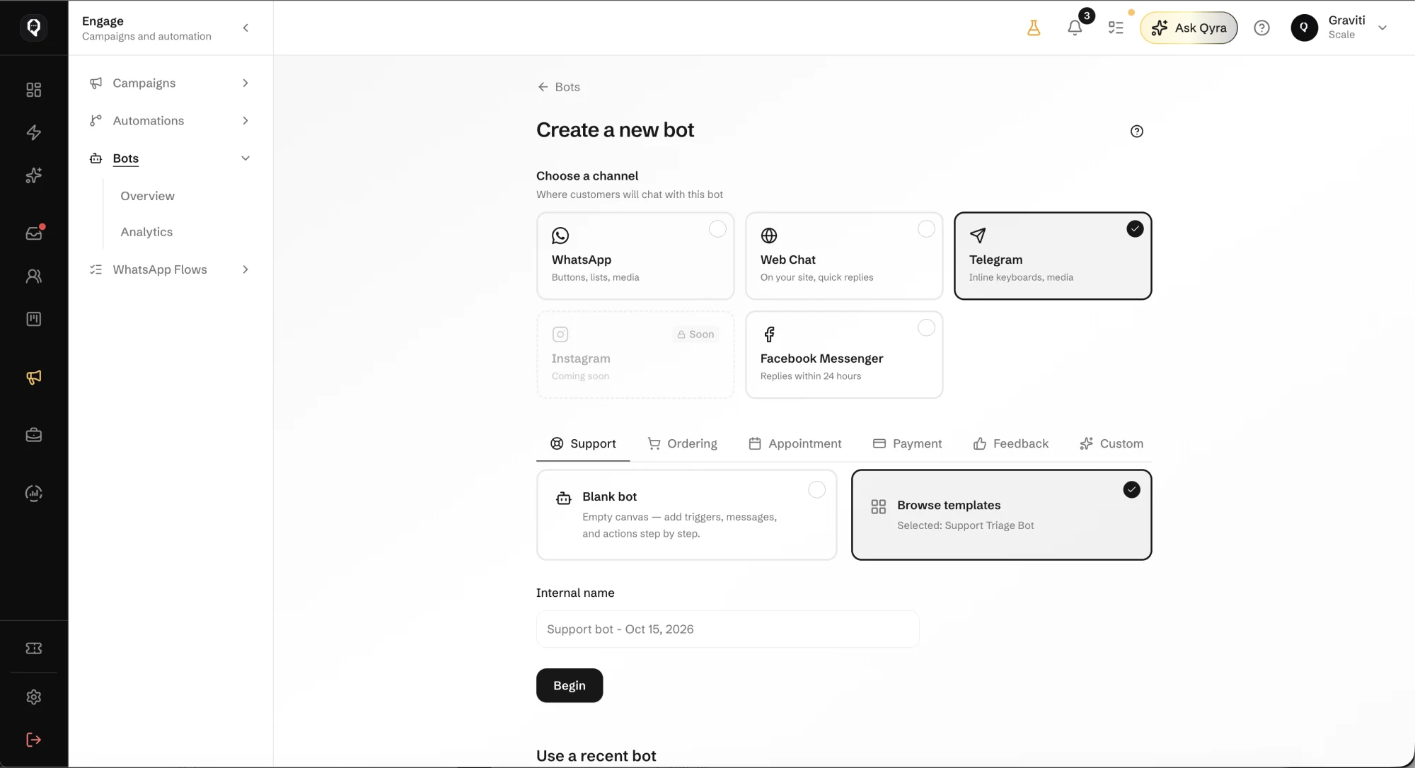 Creating a new bot in Qcom with Telegram chosen as the channel and bot types for support, ordering, appointments, payment and feedback