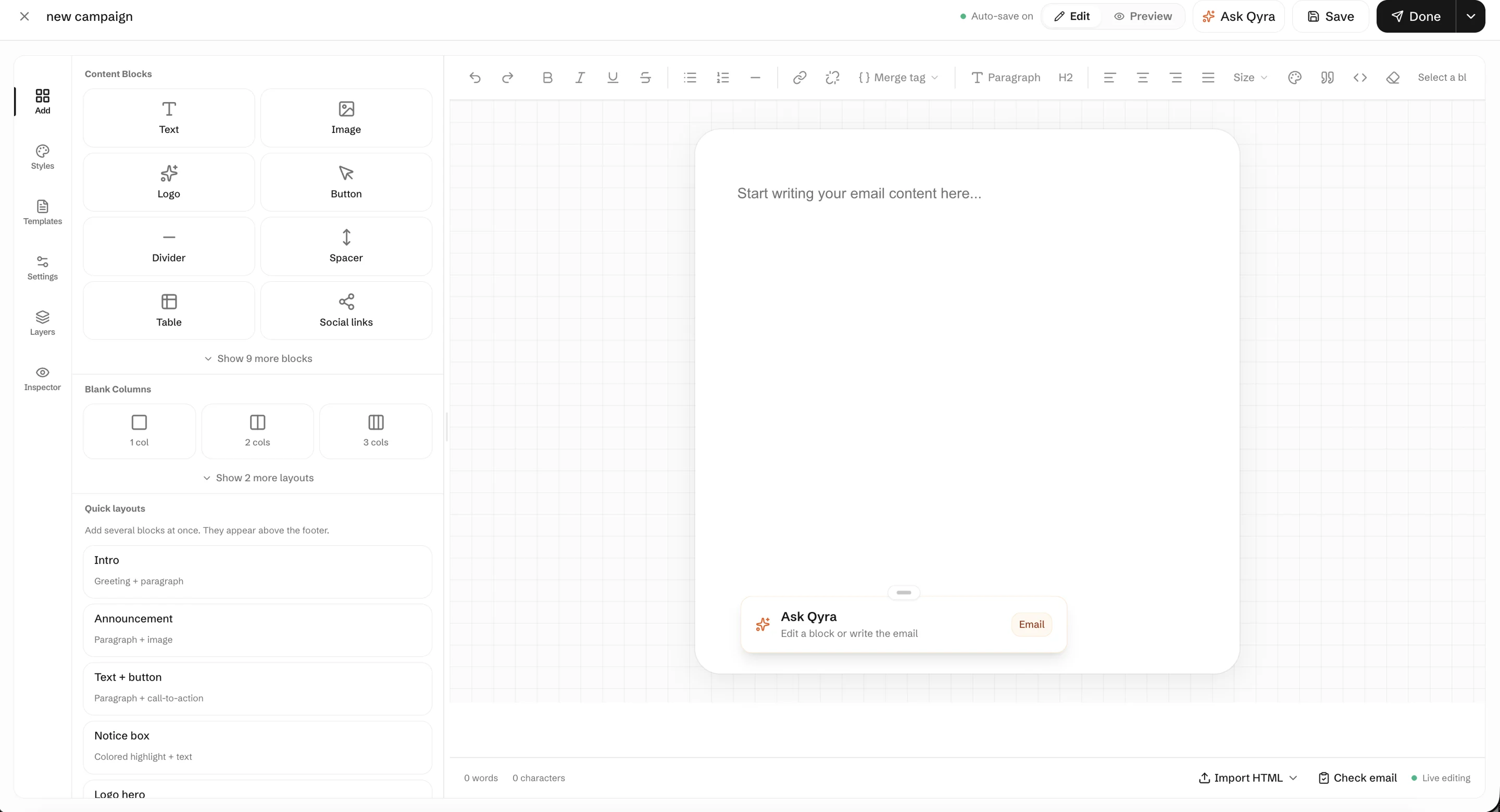 The Qcom email editor with text, image, button and column blocks beside the email canvas