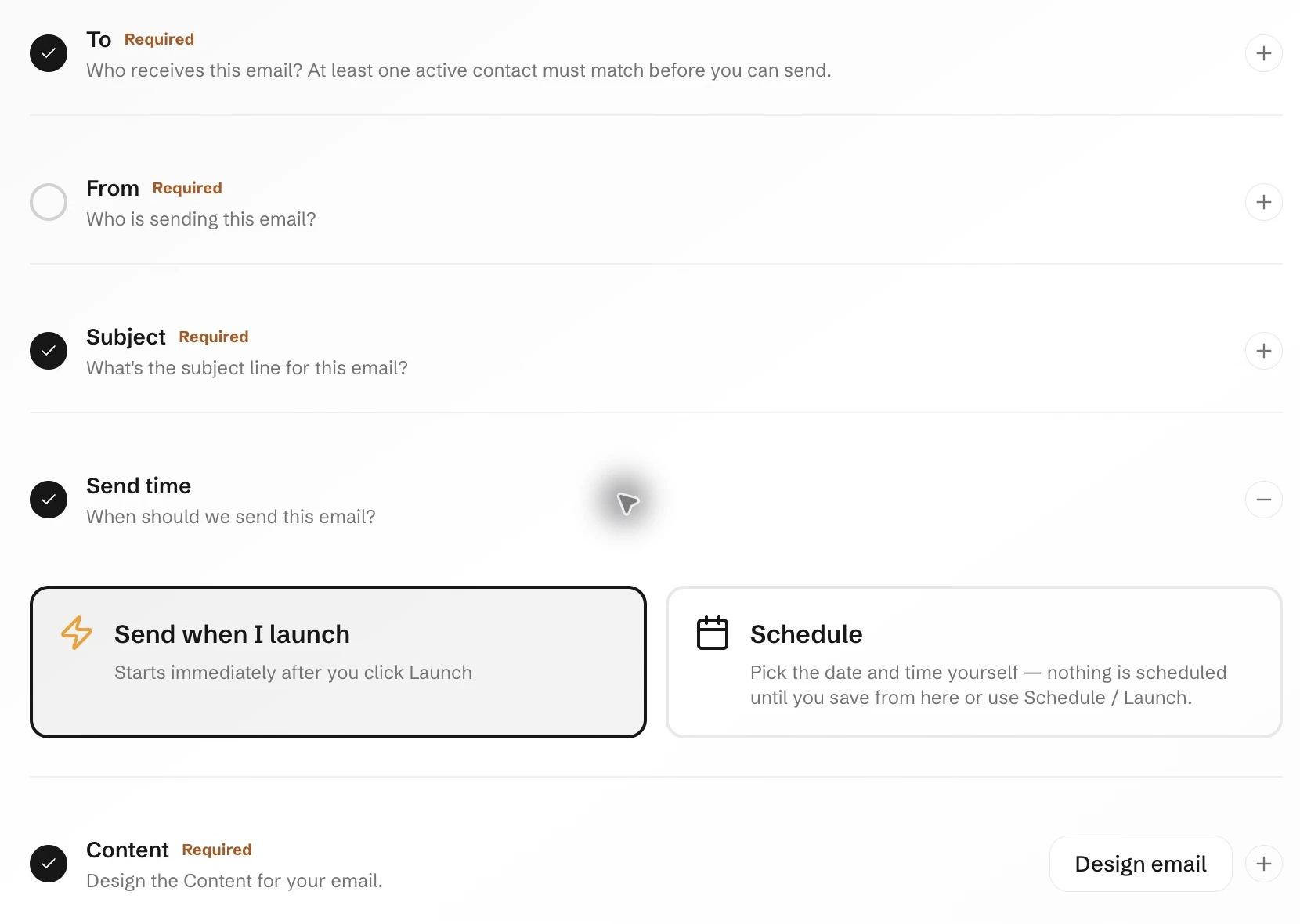 Email campaign controls for audience, sender, subject and send time