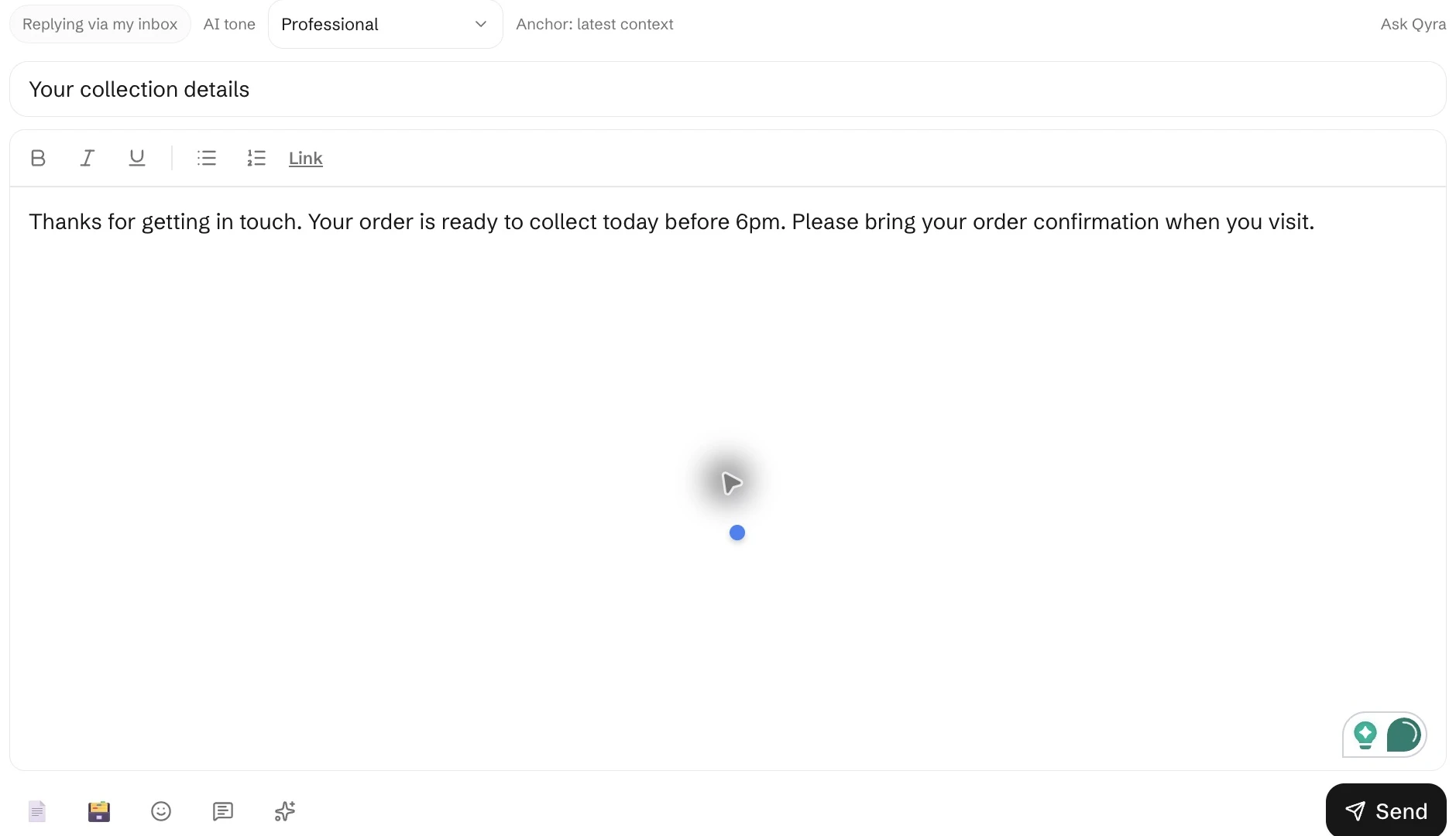 An unsent email reply in Qcom with subject, formatting, attachment and send controls