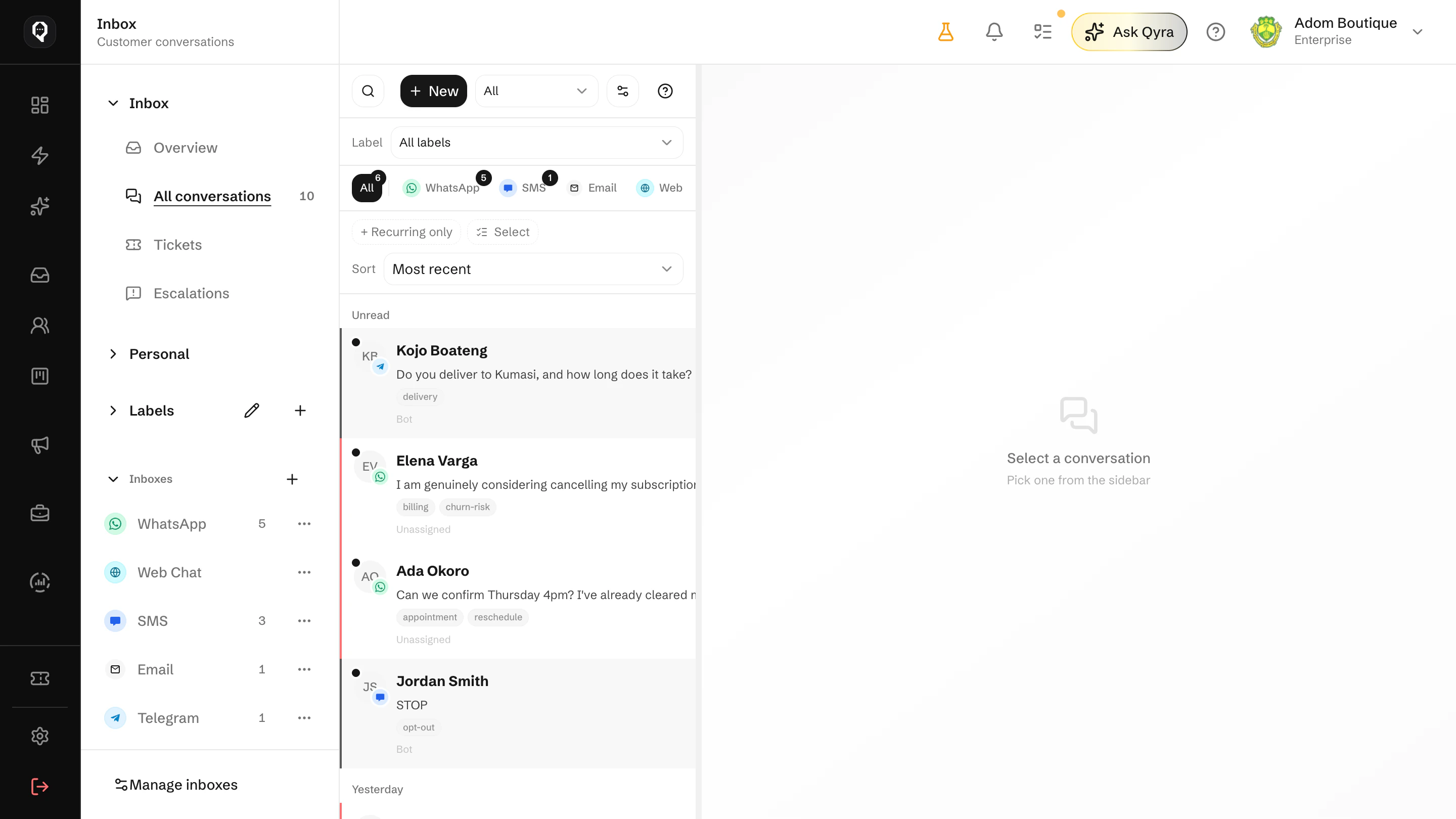 The Qcom inbox with customer conversations from connected channels