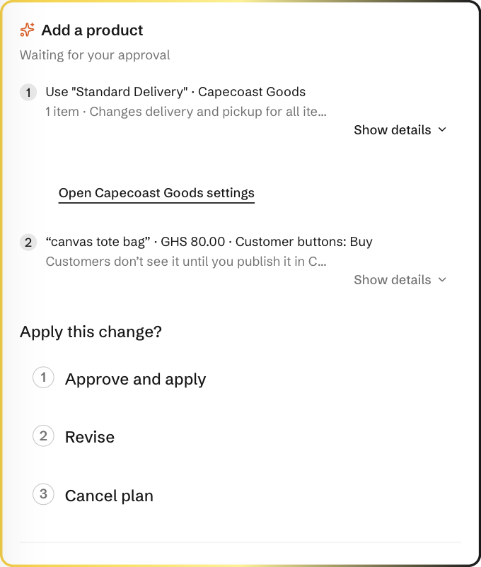 Qyra approval card with Approve and apply, Revise and Cancel plan choices