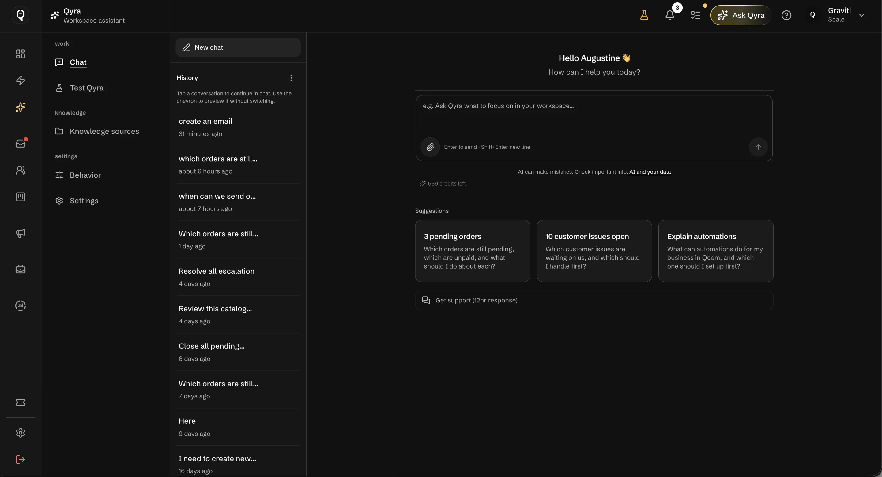 Qyra on the web dashboard, in dark mode