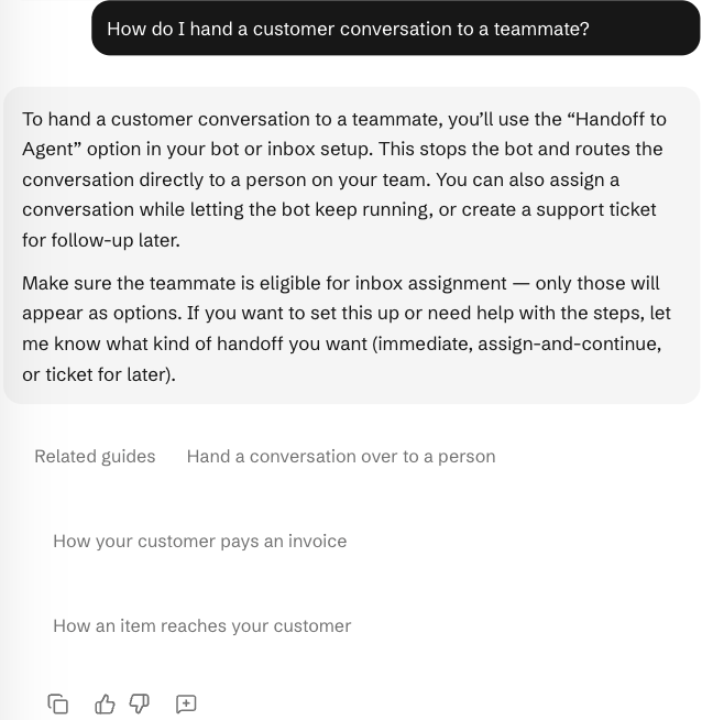 Qyra explaining how to hand a customer conversation to a teammate