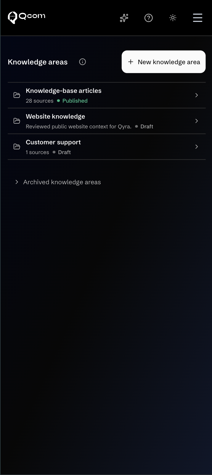 Qyra Knowledge areas in dark mode