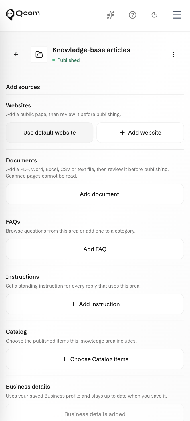 Qyra knowledge sources including websites, documents, FAQs and business information