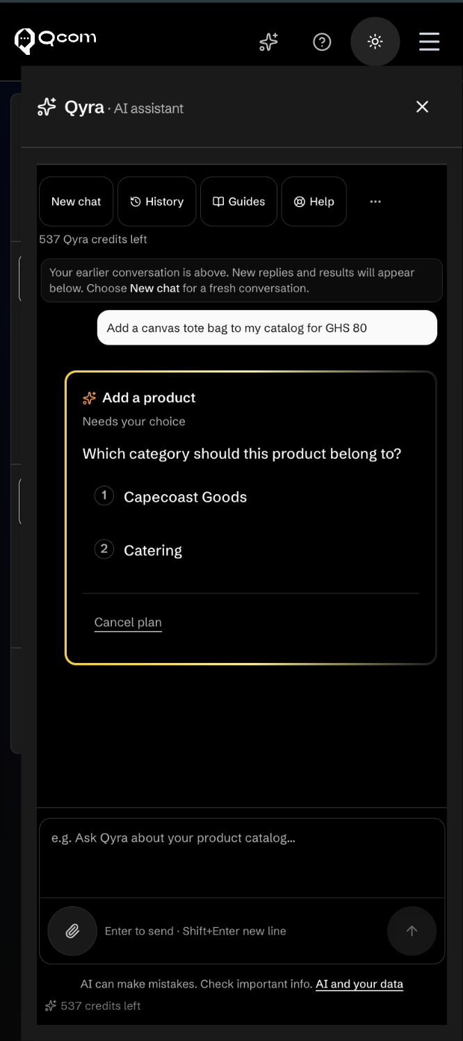 Qyra Product task card in dark mode