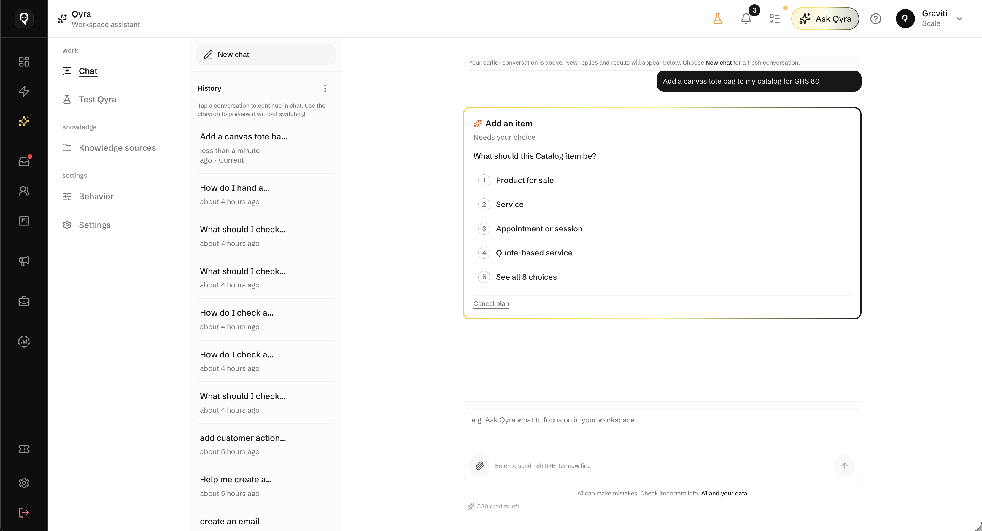 Qyra Workspace task card on desktop