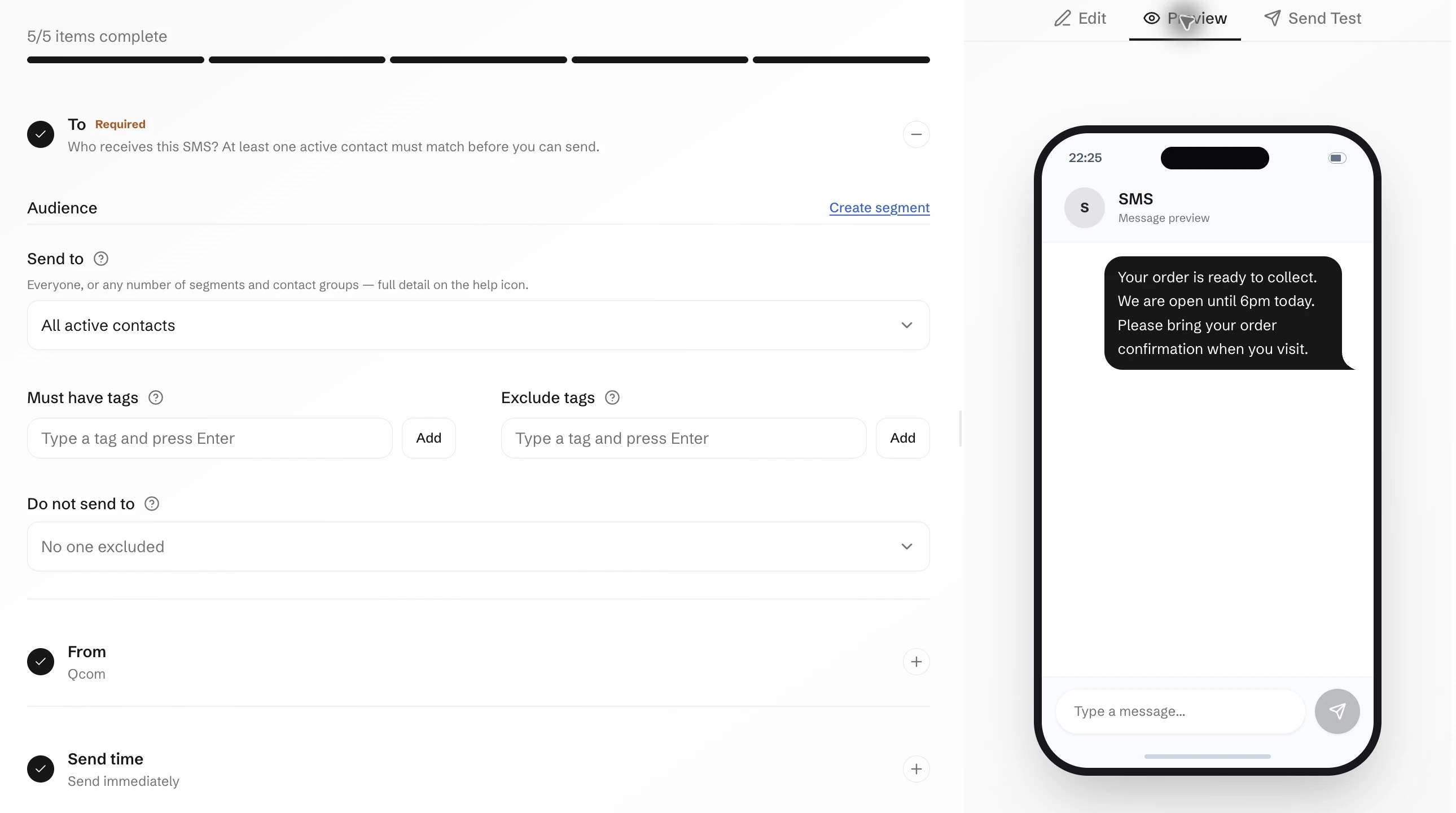 Qcom SMS campaign with audience, sender and send-time controls beside its message preview