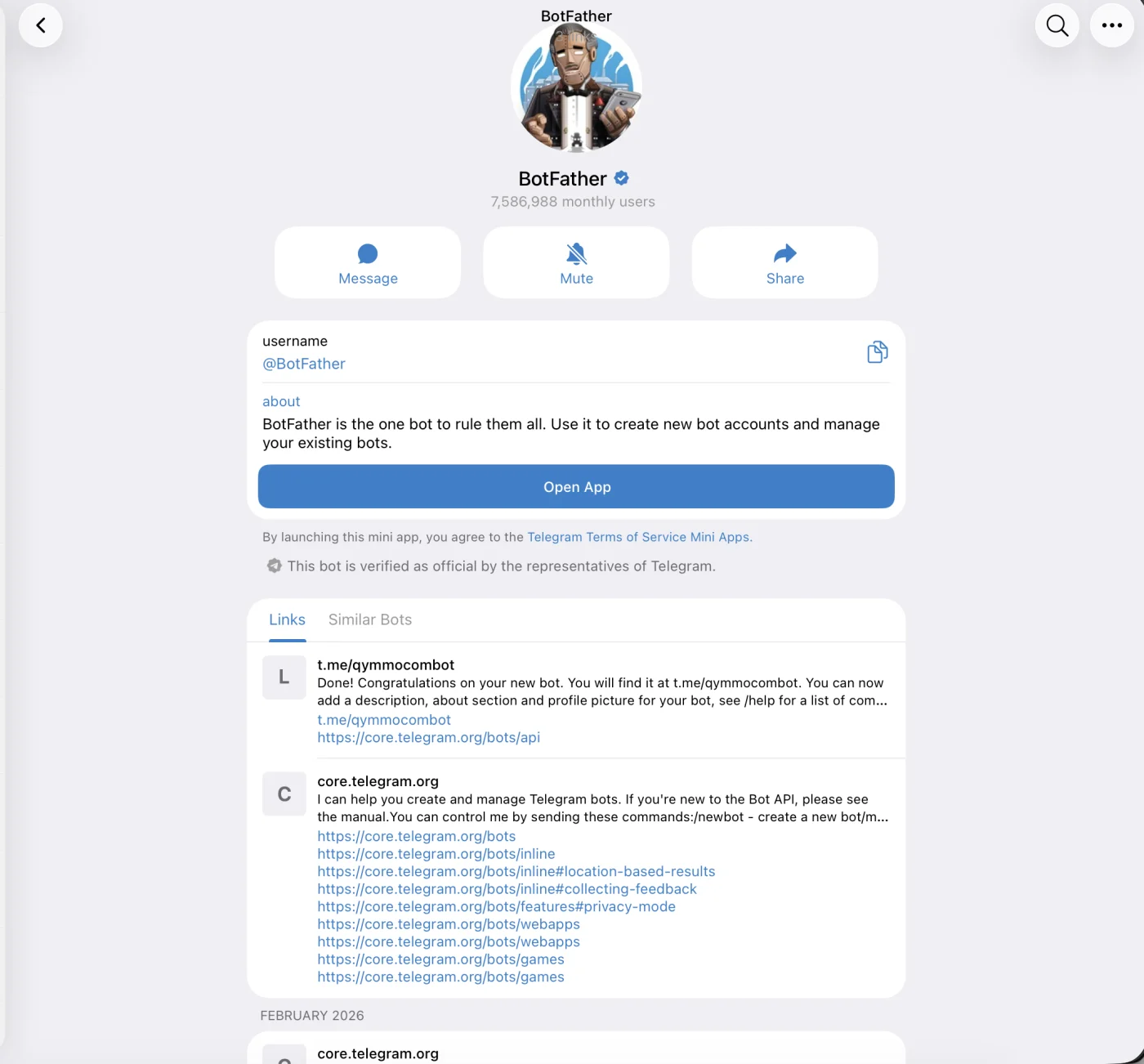 BotFather in Telegram confirming a new bot and its link