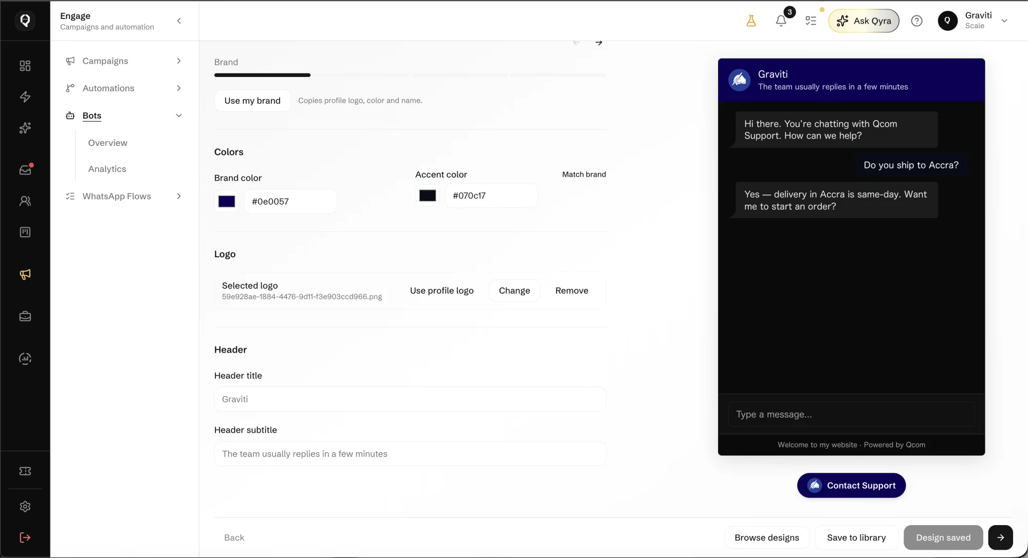 Web chat appearance settings in Qcom with brand colour, logo and header beside a live preview of the widget