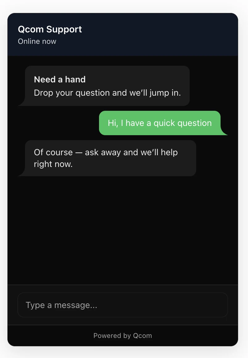 The Qcom chat widget open on a website
